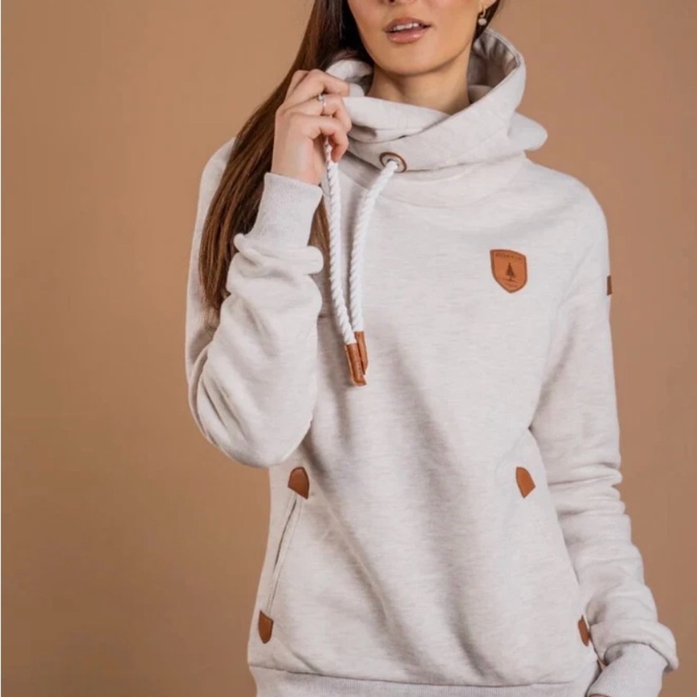 Wanakome Cream Hooded Funnel Neck Sweater with Brown Accents